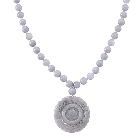 D'Joy White Jade Beads Necklace with Flower Carved Pendant (Size - 20) in Rhodium Overlay Sterling Silver 520.00 Ct.