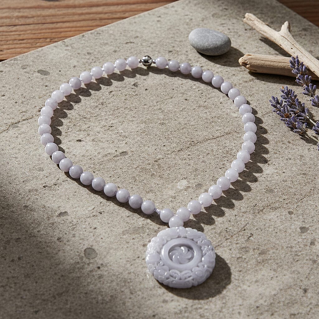 D'Joy White Jade Beads Necklace with Flower Carved Pendant (Size - 20) in Rhodium Overlay Sterling Silver 520.00 Ct.