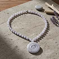 D'Joy White Jade Beads Necklace with Flower Carved Pendant (Size - 20) in Rhodium Overlay Sterling Silver 520.00 Ct.