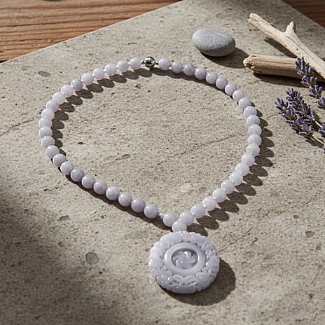 D'Joy White Jade Beads Necklace with Flower Carved Pendant (Size - 20) in Rhodium Overlay Sterling Silver 520.00 Ct.