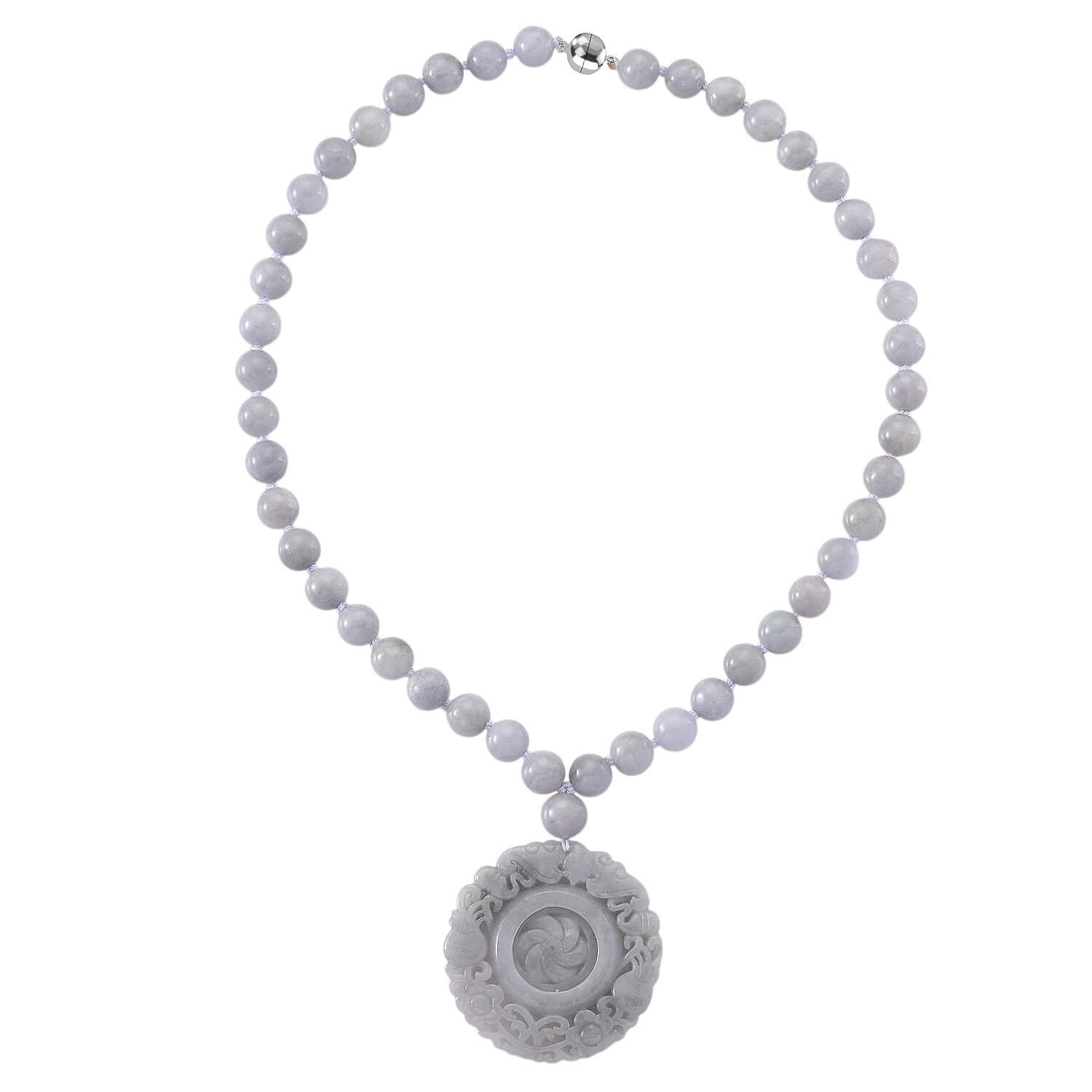 D'Joy White Jade Beads Necklace with Flower Carved Pendant (Size - 20) in Rhodium Overlay Sterling Silver 520.00 Ct.