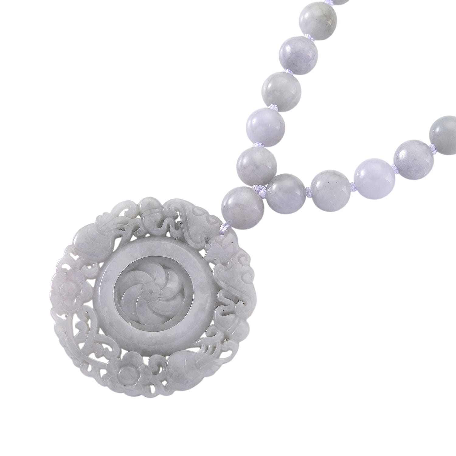 D'Joy White Jade Beads Necklace with Flower Carved Pendant (Size - 20) in Rhodium Overlay Sterling Silver 520.00 Ct.