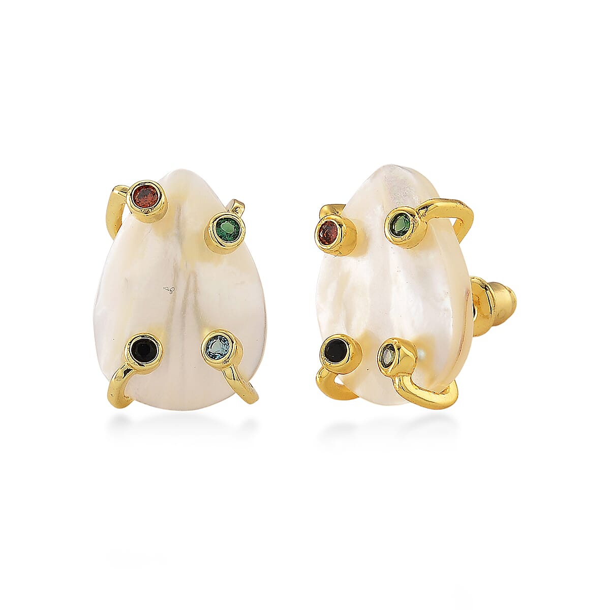 White Keshi Pearl & Multi Color Cubic Zirconia Beads Earring with Push Back 15.00 Ct.