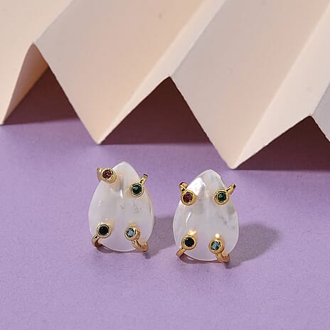 White Keshi Shell Pearl & Multi Color Cubic Zirconia Beads Earring with Push Back 15.00 Ct.