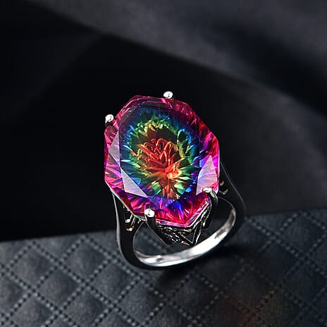 D'Joy Nebula Quartz Doublet Solitaire Ring in Rhodium Overlay Sterling Silver 21.84 Ct.