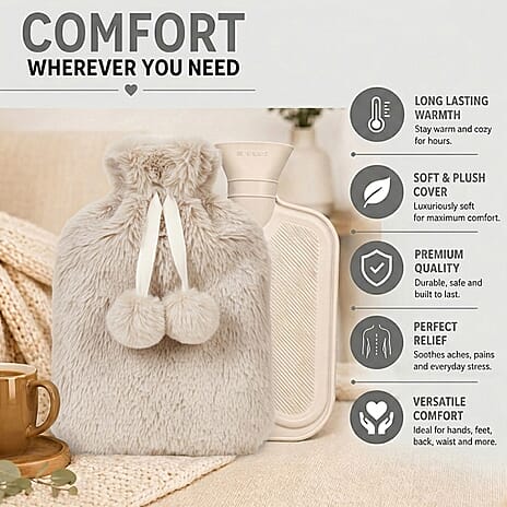 Topped Faux Fur Hot Water Bottle (2L) - Cream