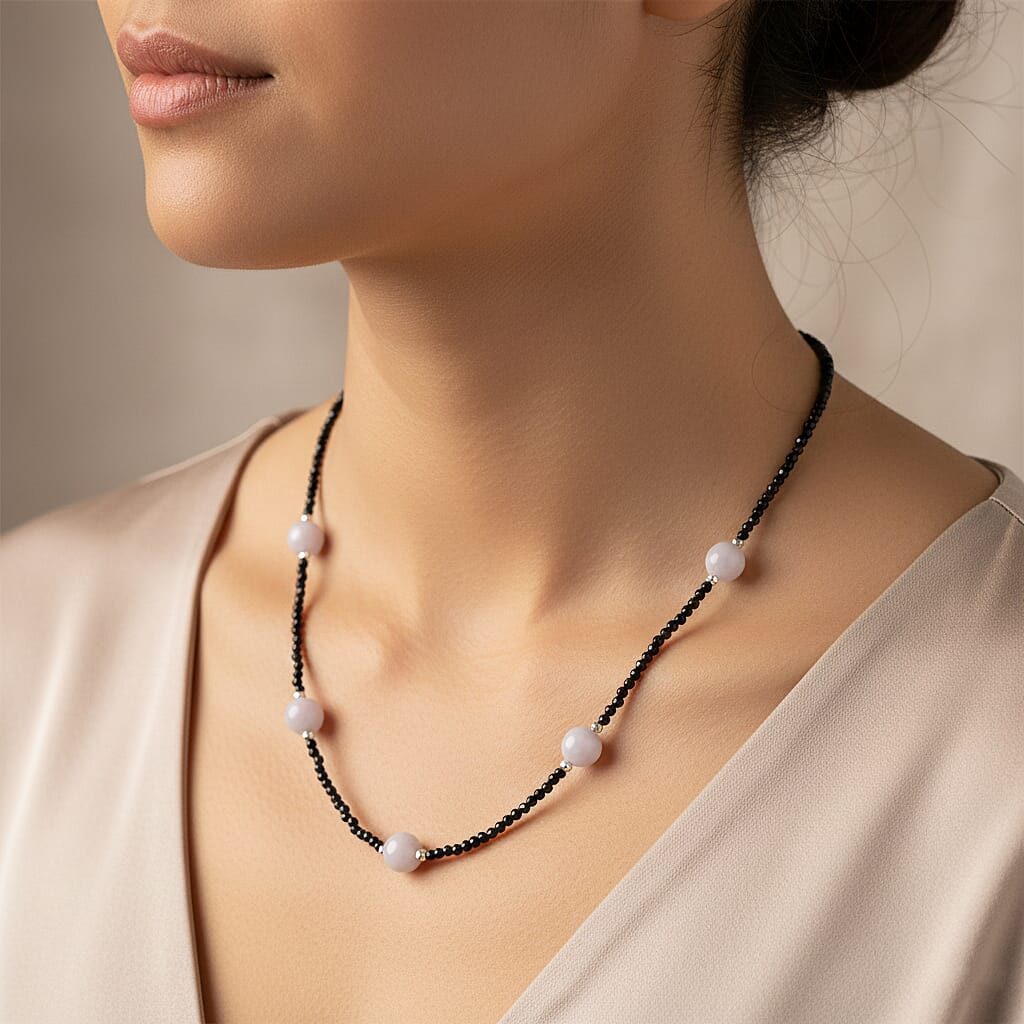 Black Spinel & White Jade Beads Necklace (Size - 18-2 Inch Ext) 60.00 Ct.