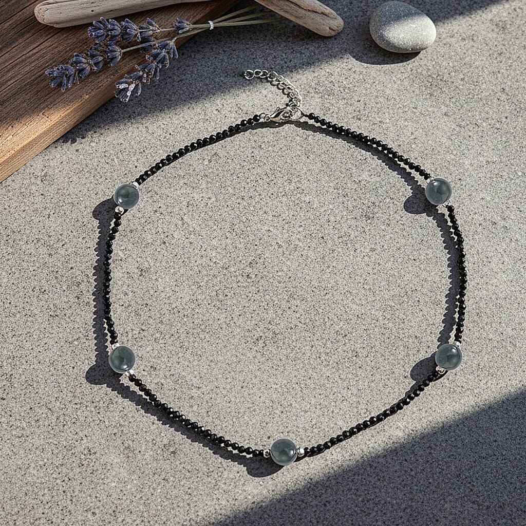 Black Spinel, Natural Jade Beads Necklace Pure White Stainless Steel  60.000  Ct.