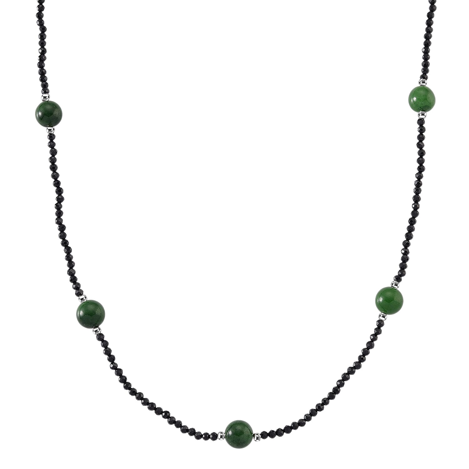 Black Spinel, Green Jade Beads Necklace Pure White Stainless Steel  60.000  Ct.