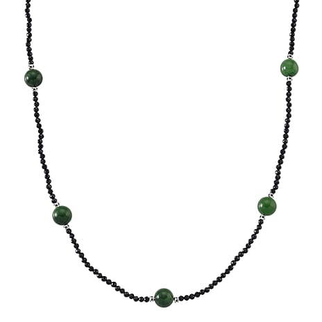 Black Spinel, Green Jade Beads Necklace Pure White Stainless Steel  60.000  Ct.