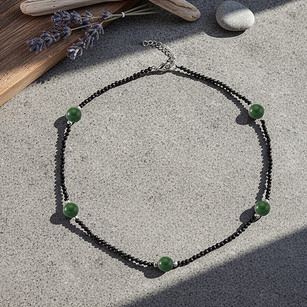 Black Spinel, Green Jade Beads Necklace Pure White Stainless Steel  60.000  Ct.