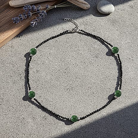 Black Spinel, Green Jade Beads Necklace Pure White Stainless Steel  60.000  Ct.
