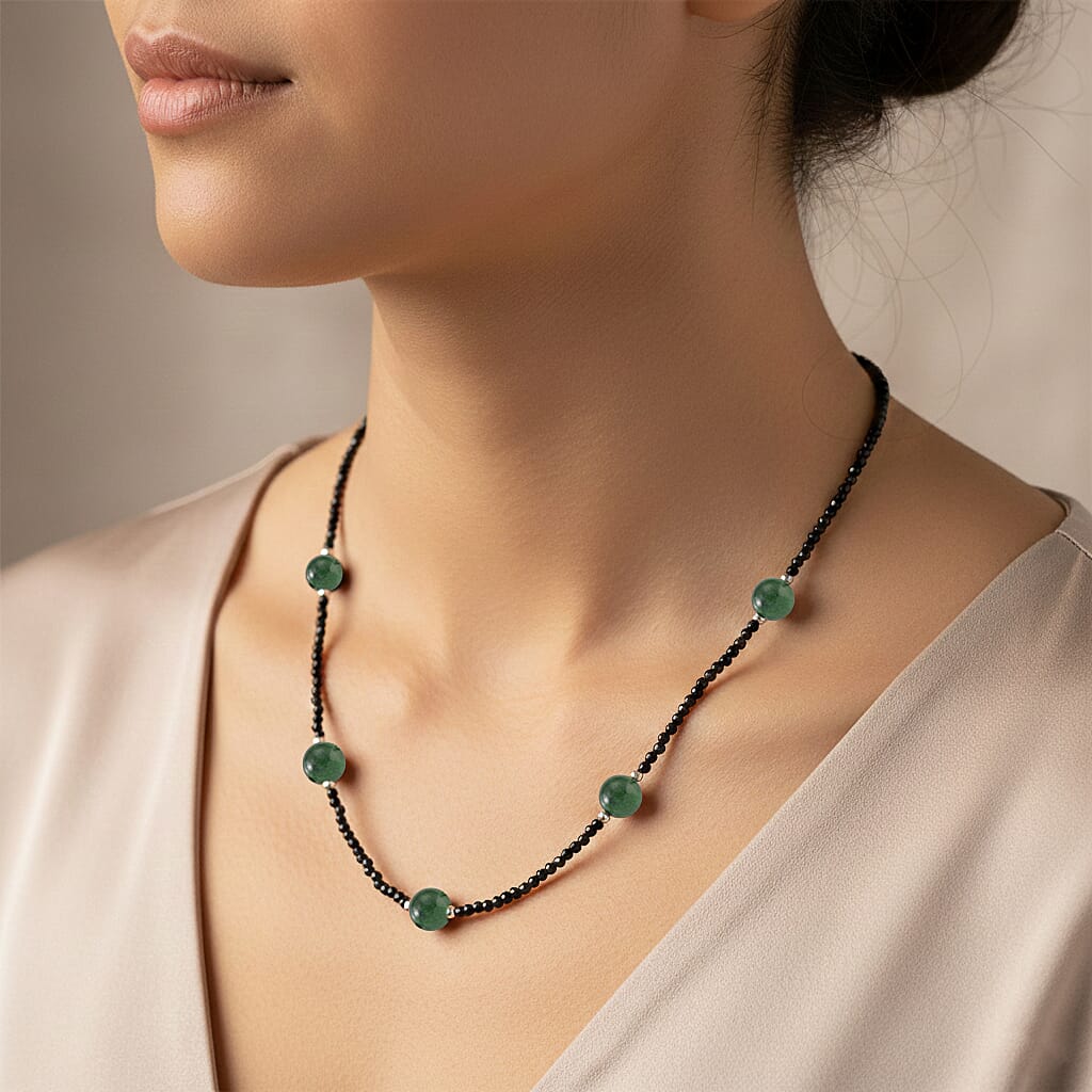 Black Spinel, Green Jade Beads Necklace Pure White Stainless Steel  60.000  Ct.