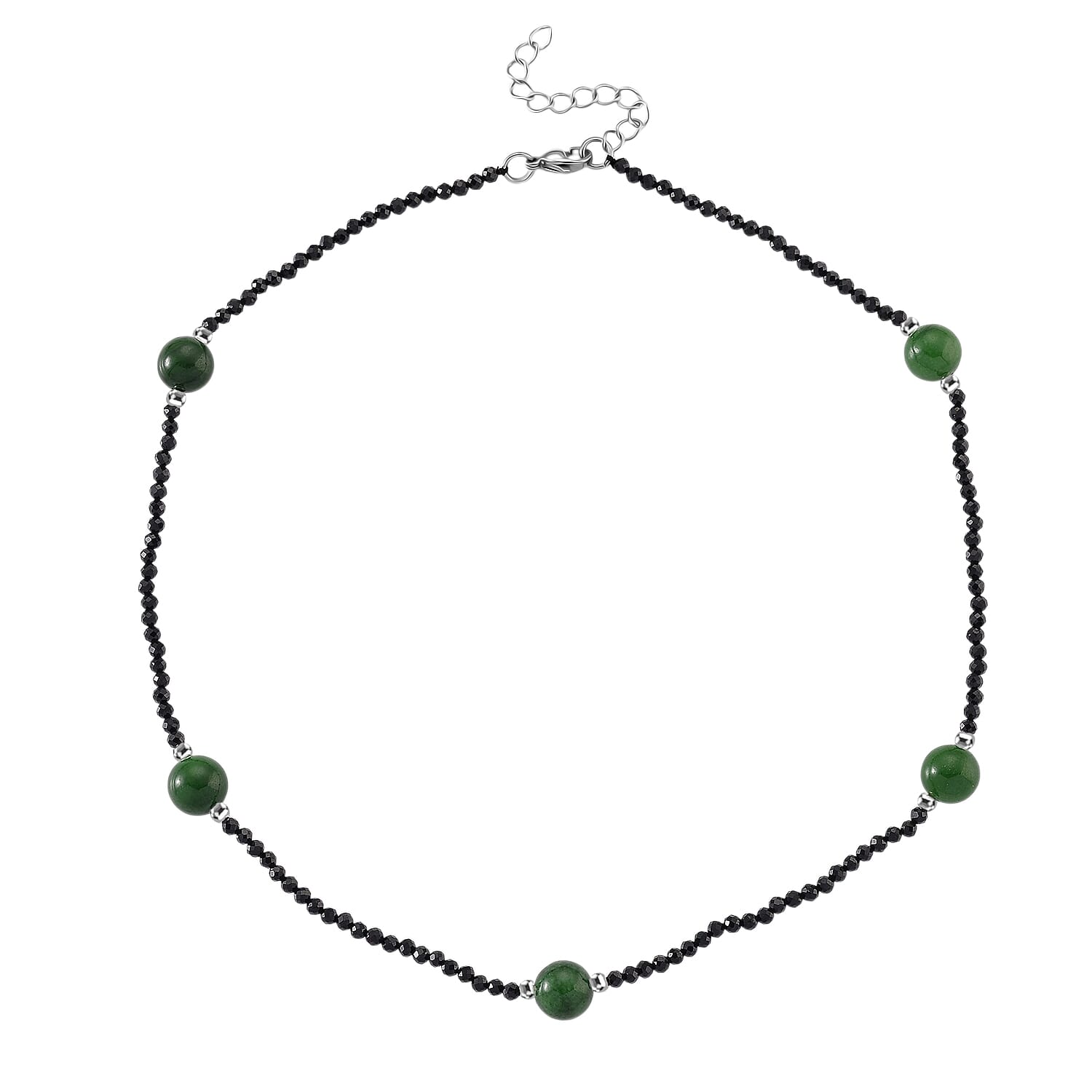 Black Spinel, Green Jade Beads Necklace Pure White Stainless Steel  60.000  Ct.