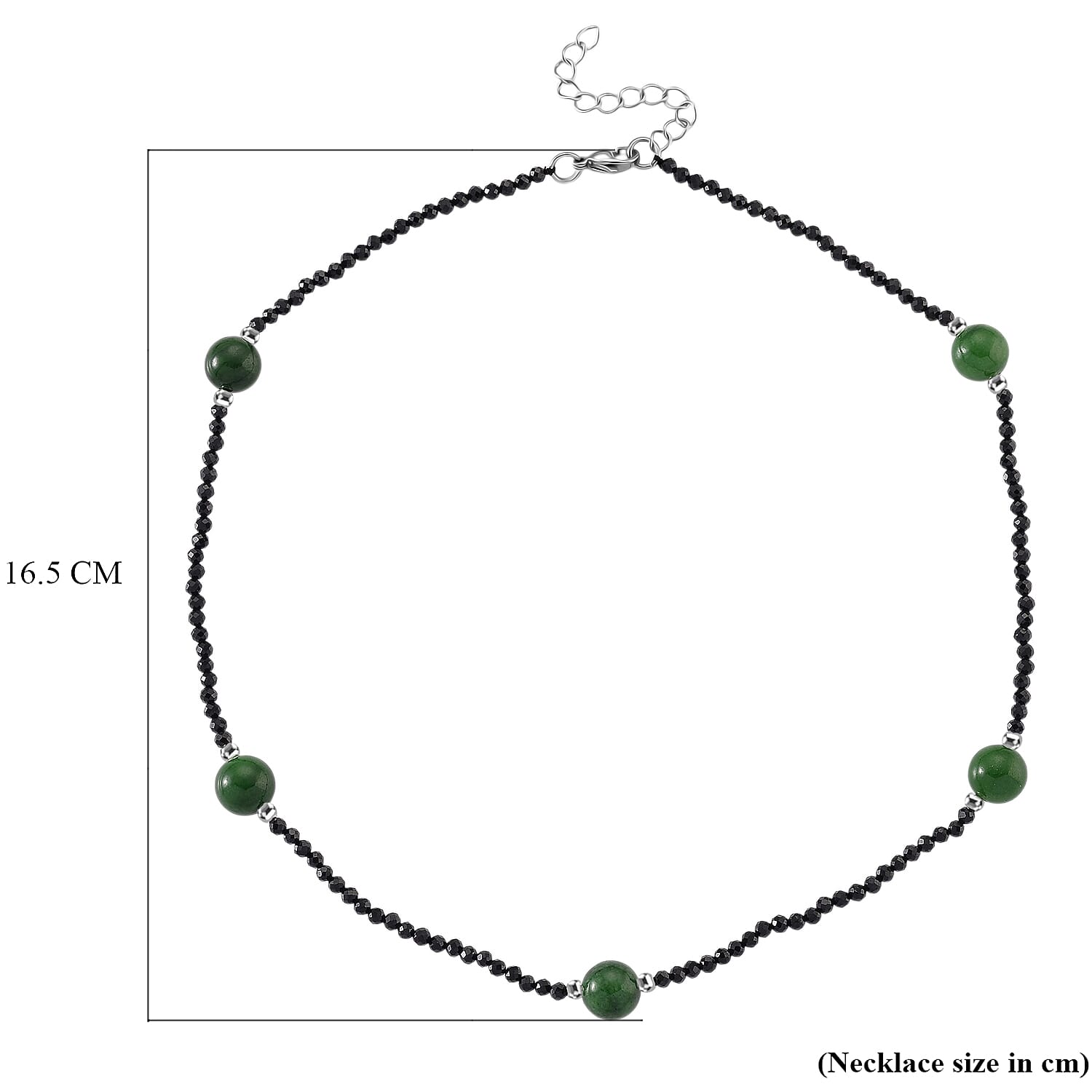 Black Spinel, Green Jade Beads Necklace Pure White Stainless Steel  60.000  Ct.