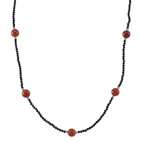 Black Spinel, Red Jade Beads Necklace Pure White Stainless Steel  60.000  Ct.