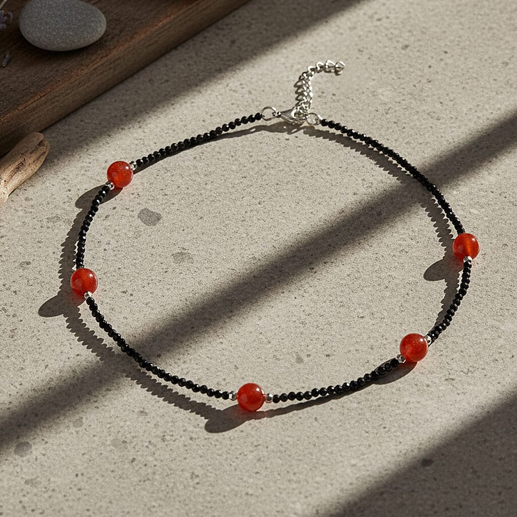 SUPERFIND - Natural Black Spinel & Red Jade Beads Necklace (Size - 18-2 Inch Ext) 60.00 Ct.