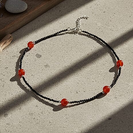 Black Spinel, Red Jade Beads Necklace Pure White Stainless Steel  60.000  Ct.