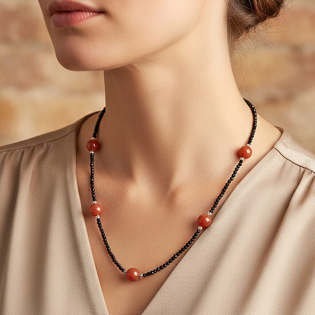 SUPERFIND - Natural Black Spinel & Red Jade Beads Necklace (Size - 18-2 Inch Ext) 60.00 Ct.