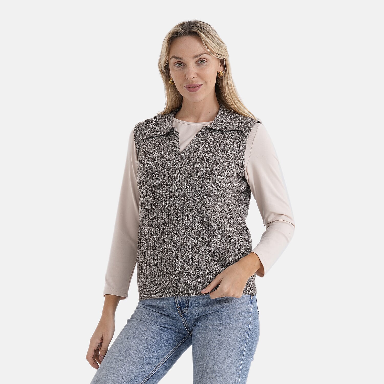 & Maisi V-Neck Marl Open-Collar Cable Knitted Vest