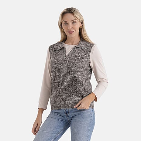 - Maisi V-Neck Marl Open-Collar Cable Knitted Vest (Size 10 To 14) - Brown - White
