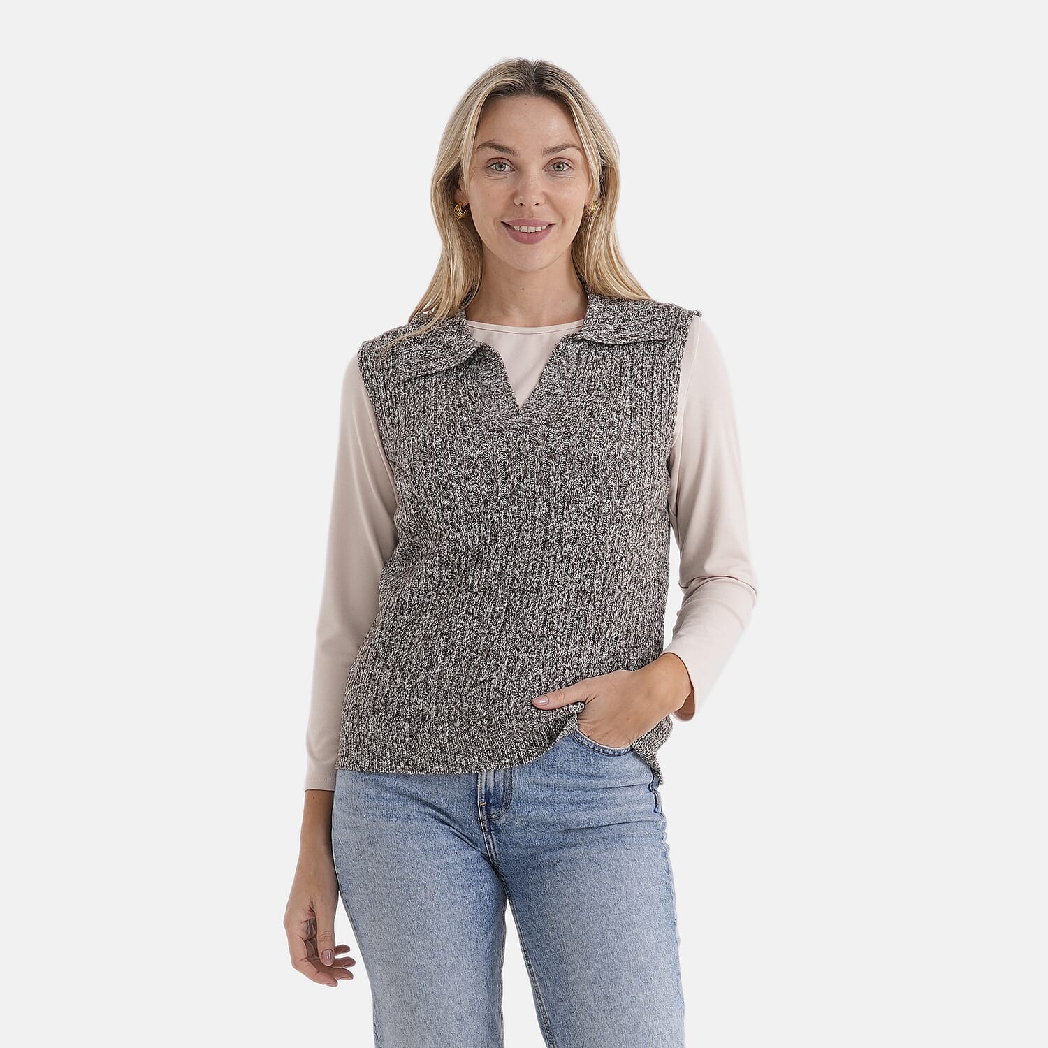 & Maisi V-Neck Marl Open-Collar Cable Knitted Vest