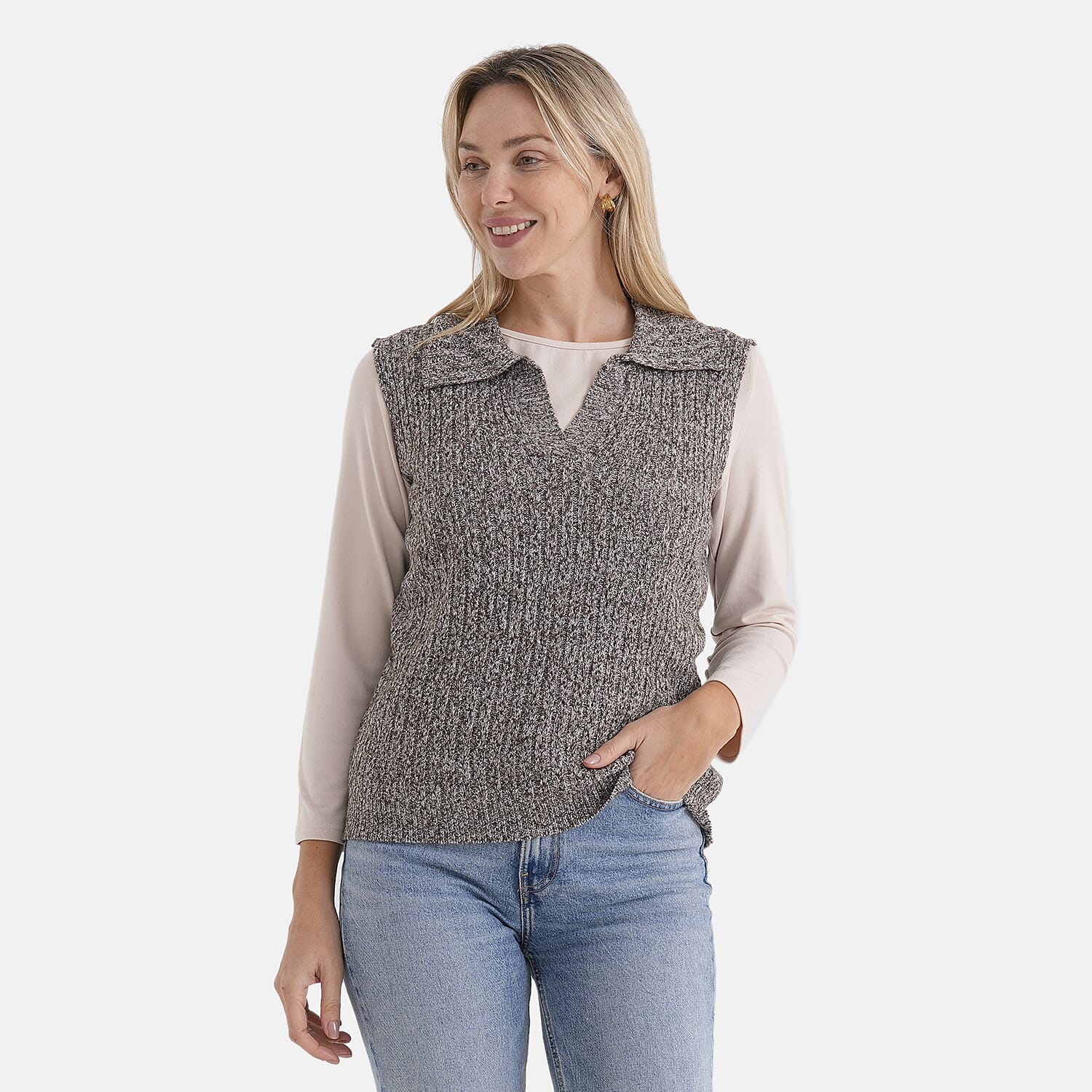 & Maisi V-Neck Marl Open-Collar Cable Knitted Vest