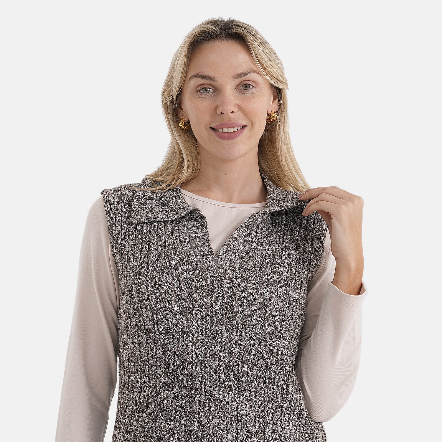 & Maisi V-Neck Marl Open-Collar Cable Knitted Vest