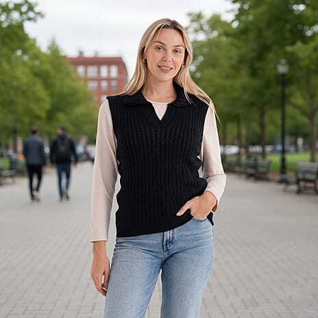 - Maisi V-Neck Marl Open-Collar Cable Knitted Vest (Size 10 To 14) - Navy - Black