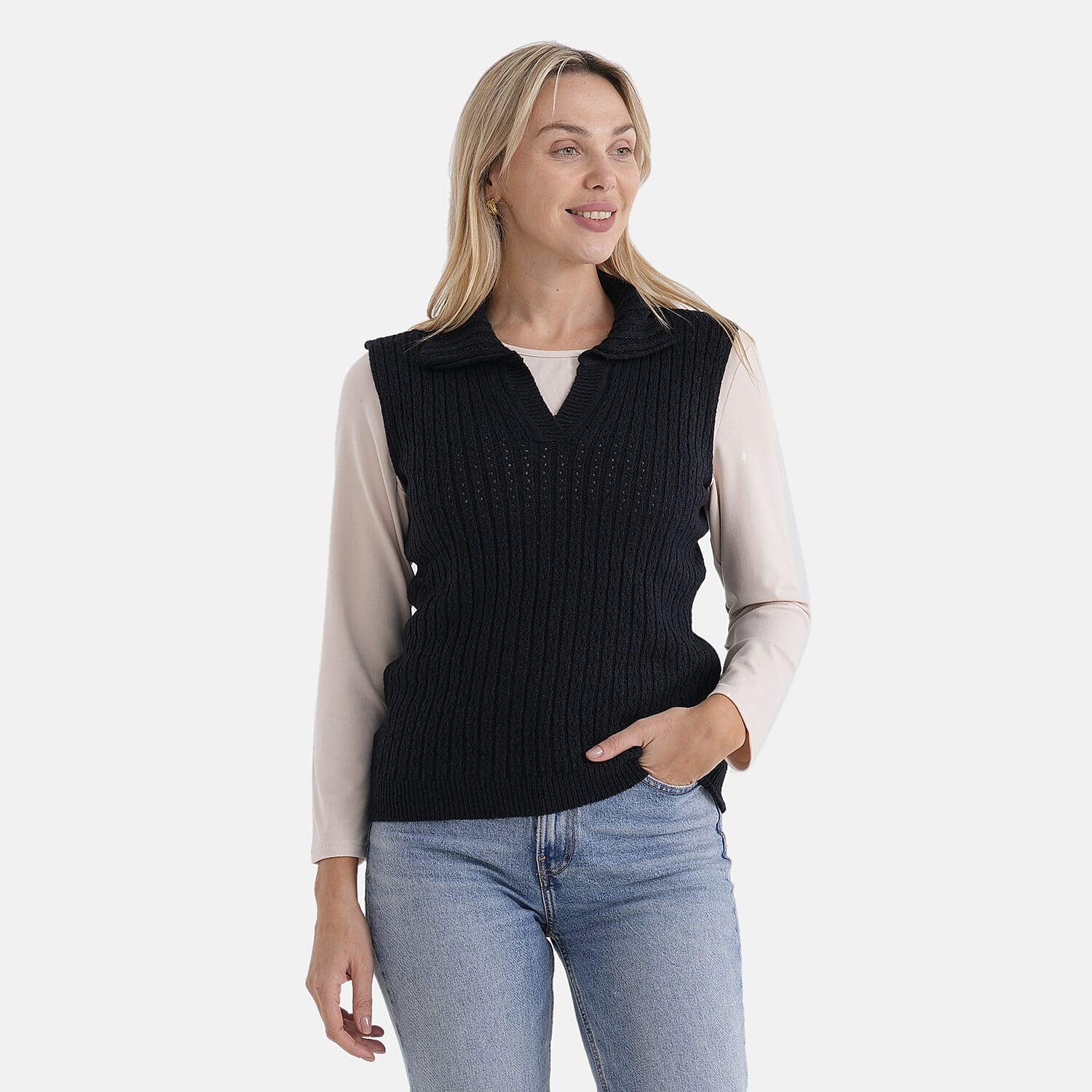 & Maisi V-Neck Marl Open-Collar Cable Knitted Vest