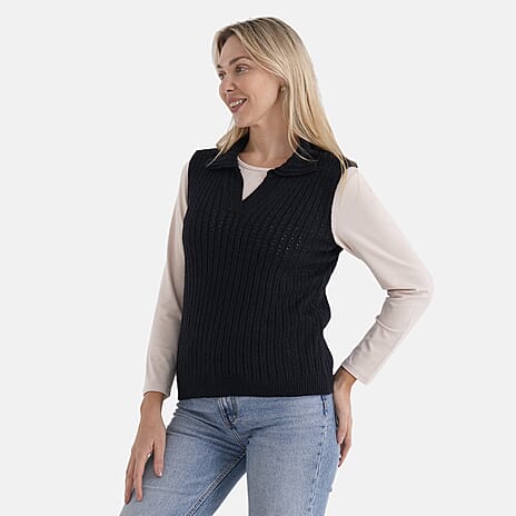 - Maisi V-Neck Marl Open-Collar Cable Knitted Vest (Size 16 To 20) - Navy - Black