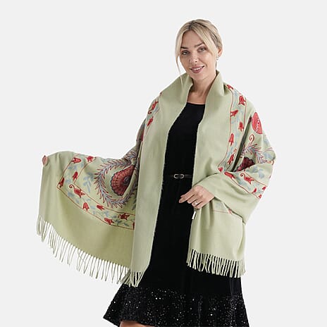- Maisi Floral Embroidered Scarf With Tassel (180 x 75 Cm) - Green