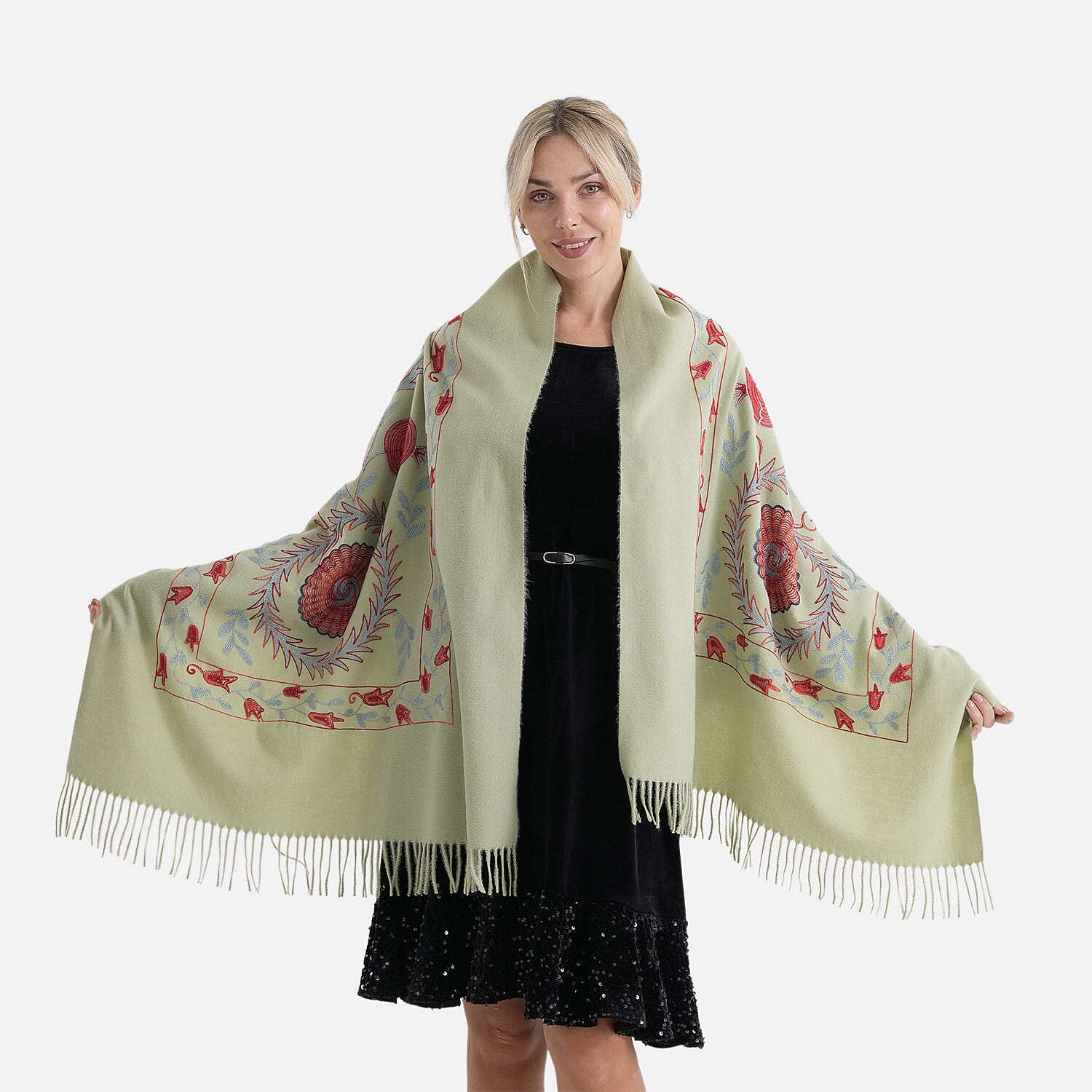 - Maisi Floral Embroidered Scarf With Tassel (180 x 75 Cm) - Green