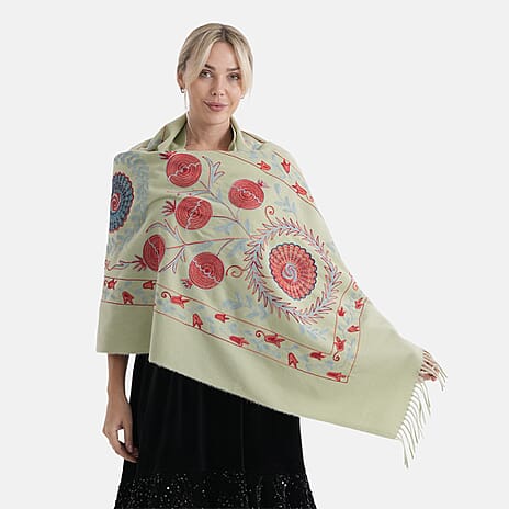 - Maisi Floral Embroidered Scarf With Tassel (180 x 75 Cm) - Green