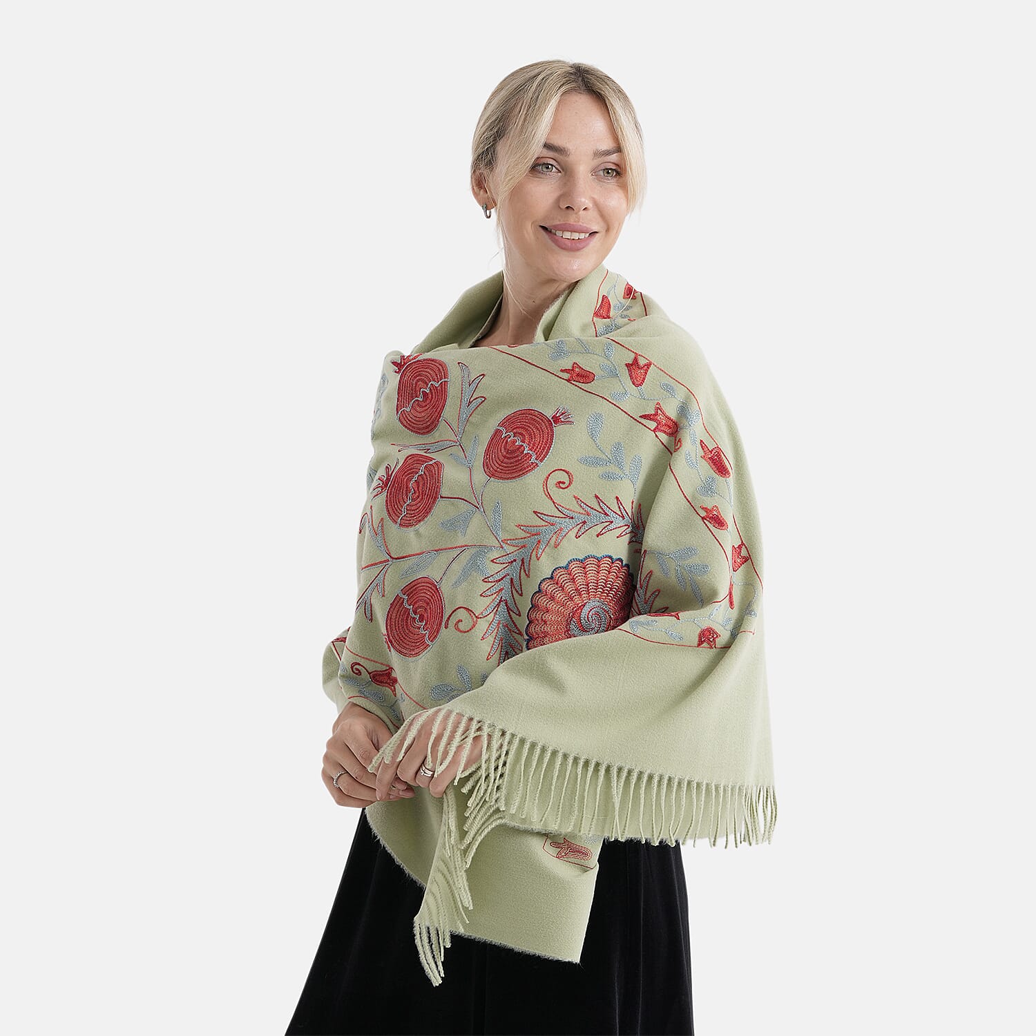 - Maisi Floral Embroidered Scarf With Tassel (180 x 75 Cm) - Green