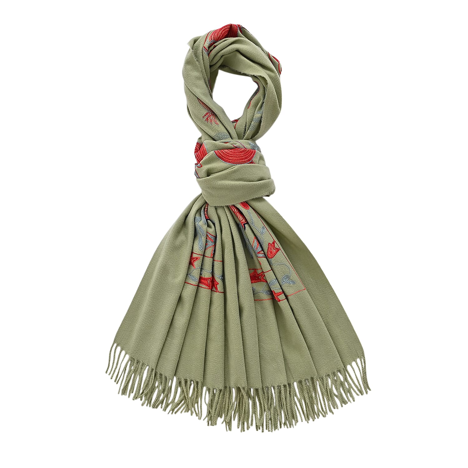 - Maisi Floral Embroidered Scarf With Tassel (180 x 75 Cm) - Green