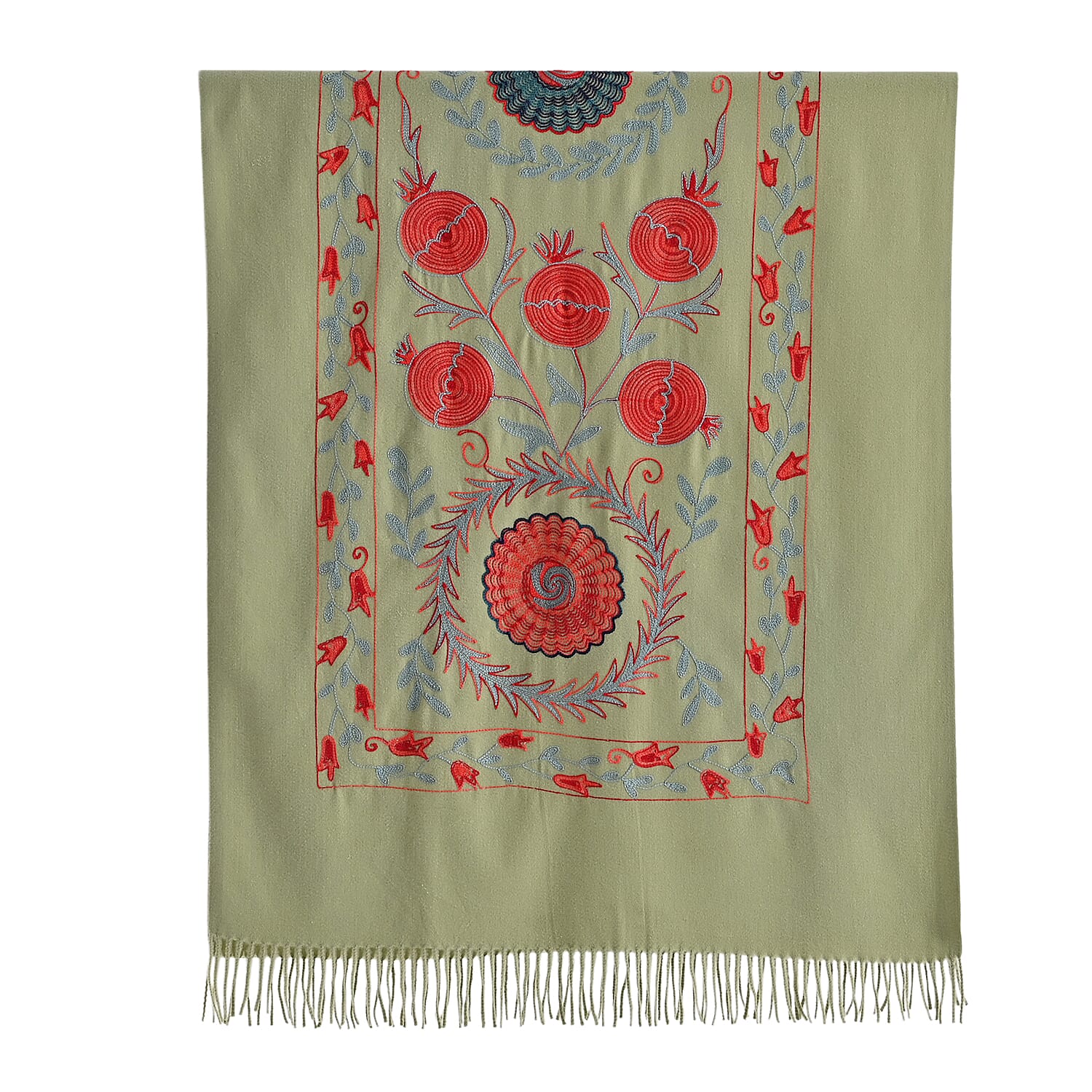 - Maisi Floral Embroidered Scarf With Tassel (180 x 75 Cm) - Green