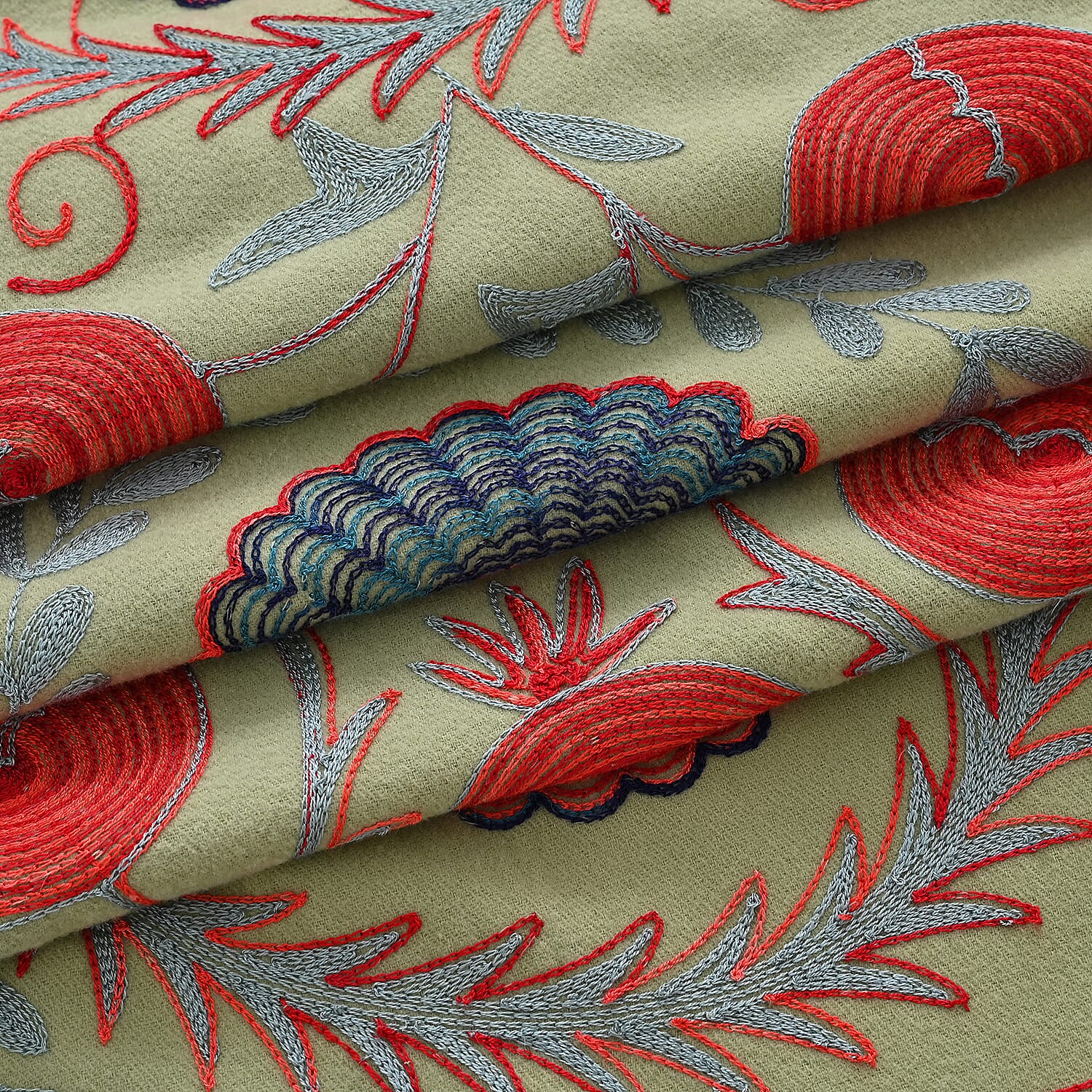 - Maisi Floral Embroidered Scarf With Tassel (180 x 75 Cm) - Green