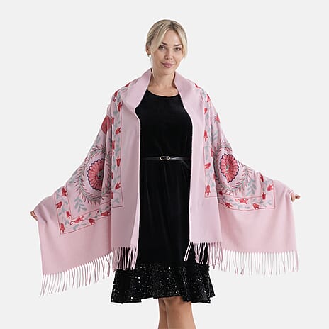 - Maisi Floral Embroidered Scarf With Tassel (180 x 75 Cm) - Pink