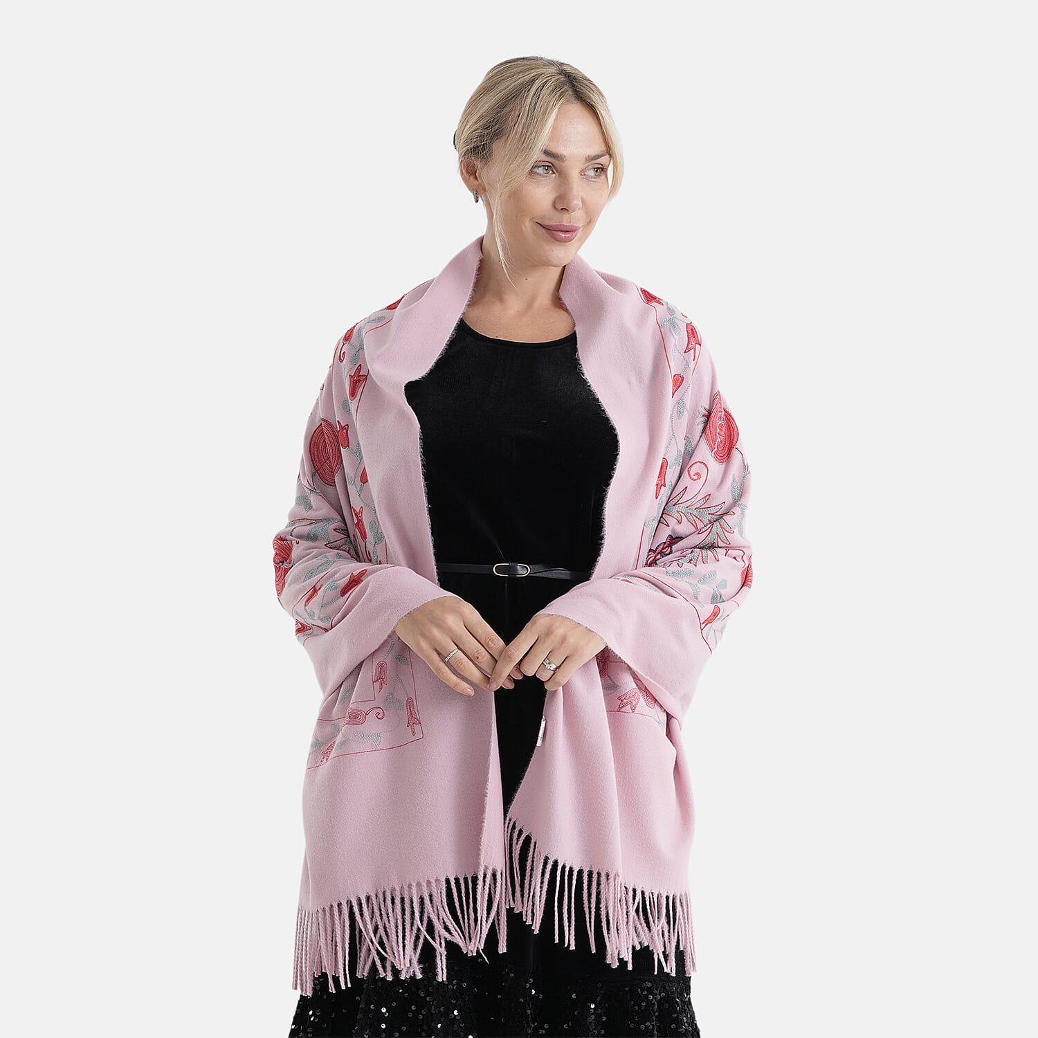 - Maisi Floral Embroidered Scarf With Tassel (180 x 75 Cm) - Pink