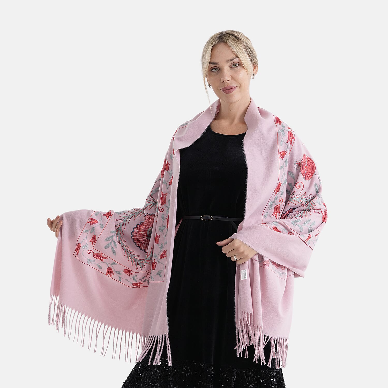- Maisi Floral Embroidered Scarf With Tassel (180 x 75 Cm) - Pink