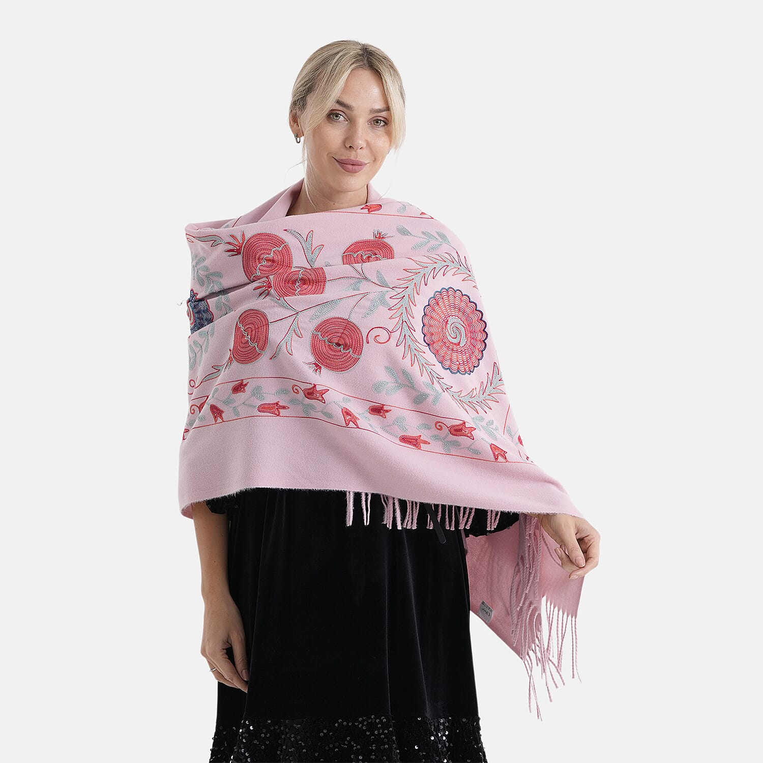- Maisi Floral Embroidered Scarf With Tassel (180 x 75 Cm) - Pink