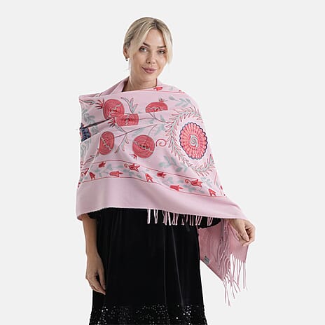 - Maisi Floral Embroidered Scarf With Tassel (180 x 75 Cm) - Pink
