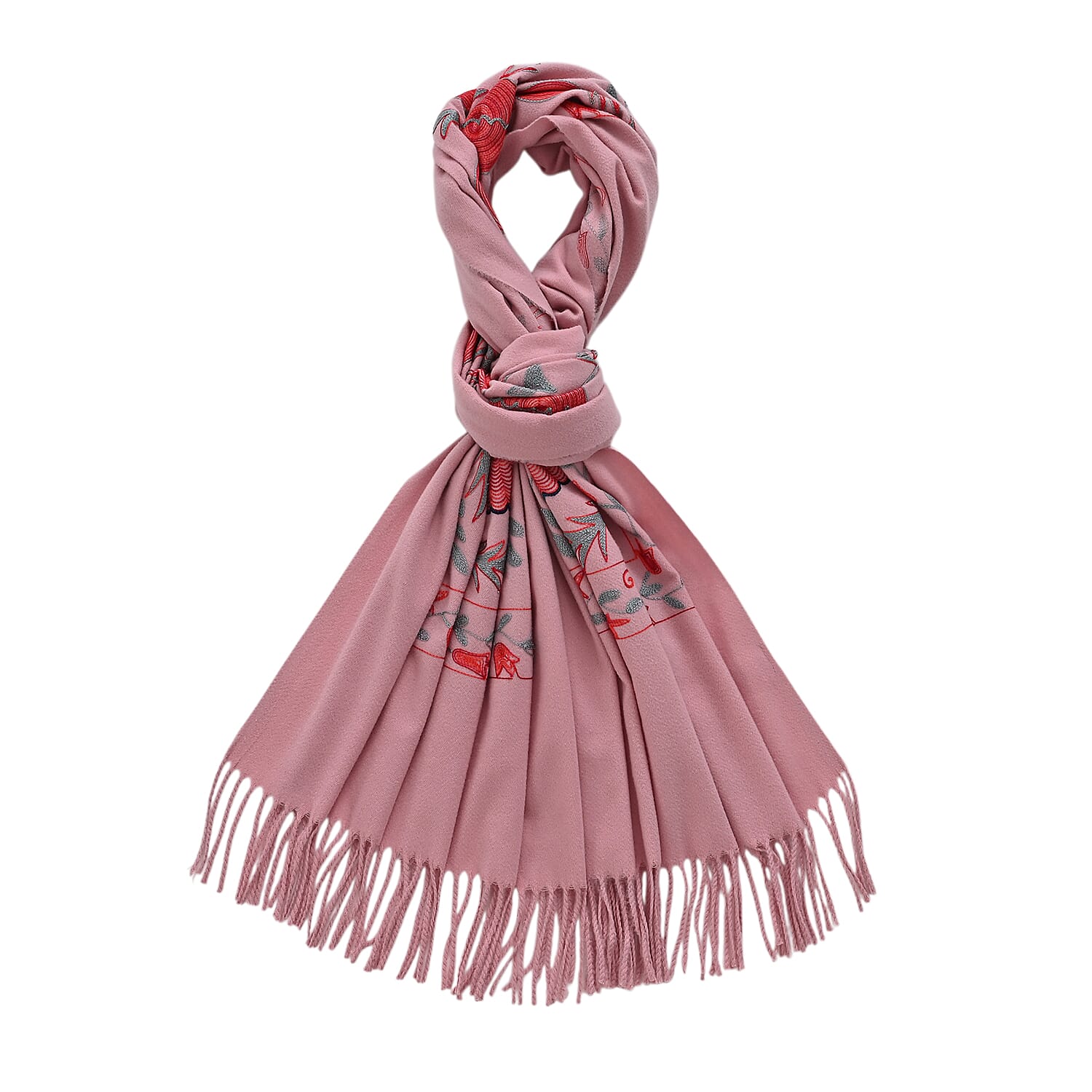 - Maisi Floral Embroidered Scarf With Tassel (180 x 75 Cm) - Pink