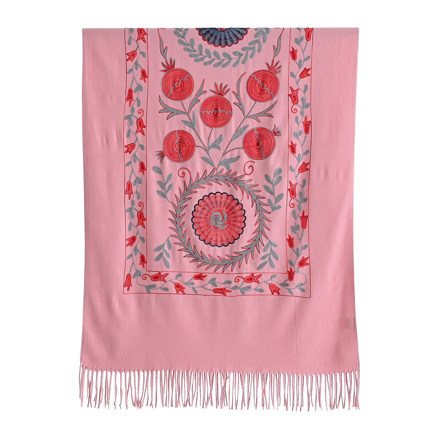 - Maisi Floral Embroidered Scarf With Tassel (180 x 75 Cm) - Pink