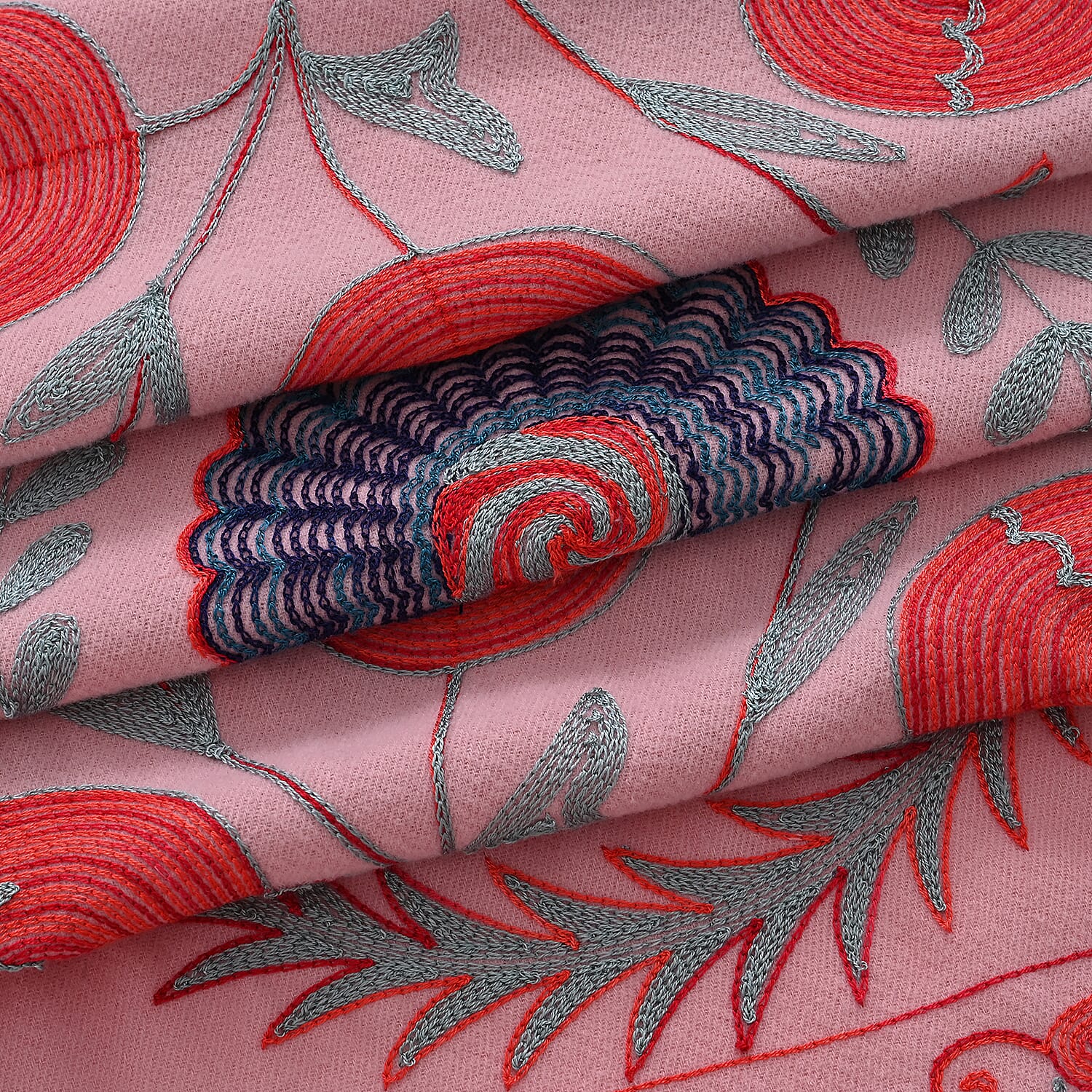 - Maisi Floral Embroidered Scarf With Tassel (180 x 75 Cm) - Pink