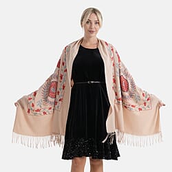 - Maisi Floral Embroidered Scarf With Tassel (180 x 75 Cm) - Pink