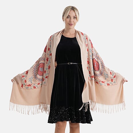 - Maisi Floral Embroidered Scarf With Tassel (180 x 75 Cm) - Brown