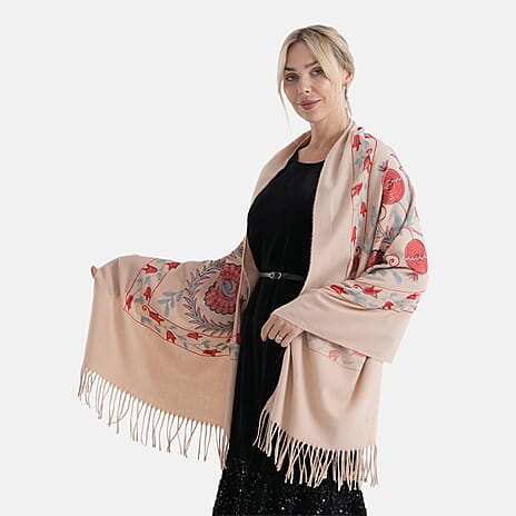 - Maisi Floral Embroidered Scarf With Tassel (180 x 75 Cm) - Brown