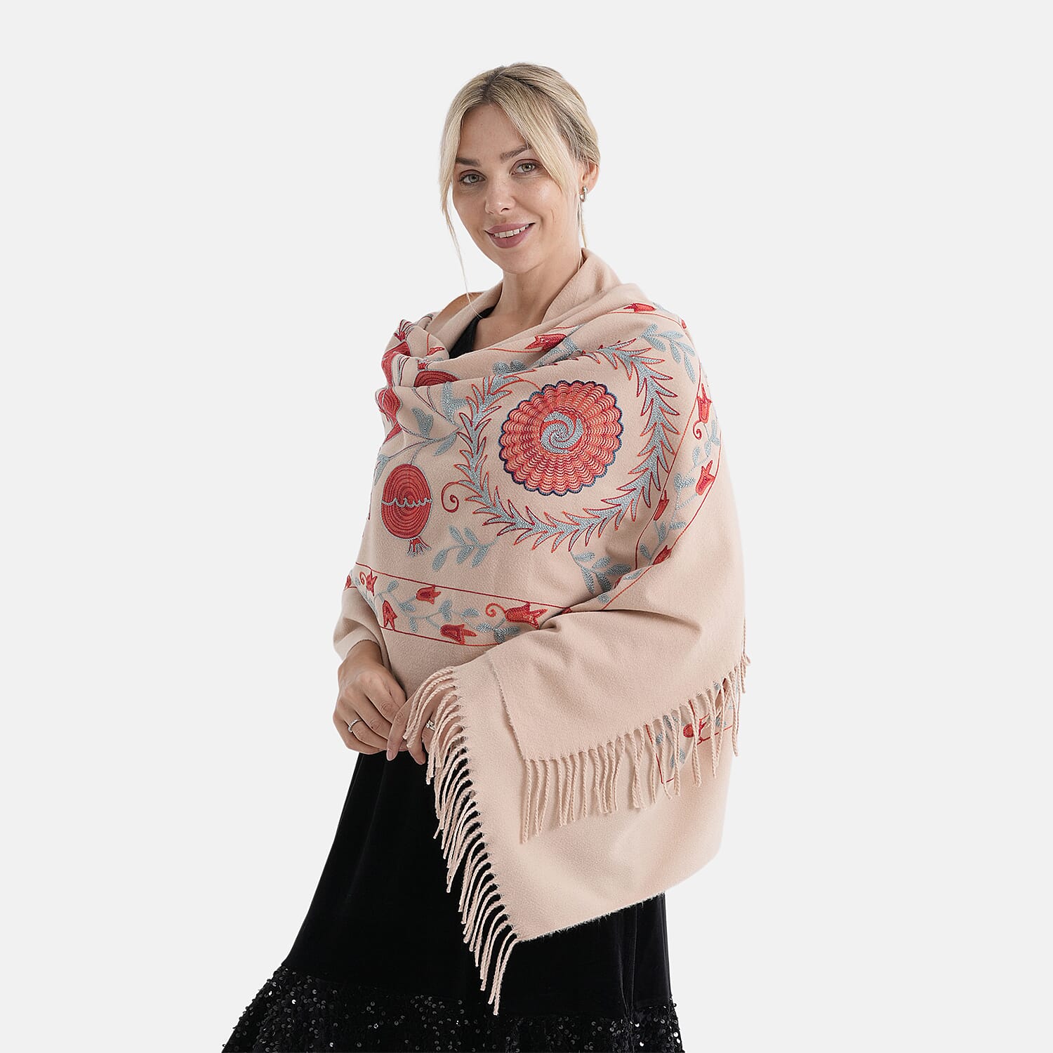 - Maisi Floral Embroidered Scarf With Tassel (180 x 75 Cm) - Brown